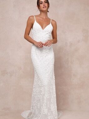 Lulus Everlasting Passion White Sequin Beaded Backless Maxi Dress Size M